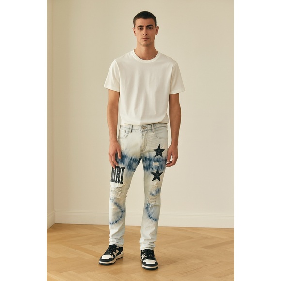 AMIRI Distressed Bandana Tie-Dye Denim Jeans Men’s Size 32 Black Star Patch - Picture 2 of 14